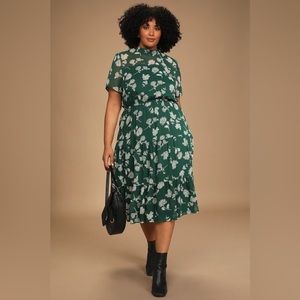 Lulus Floral Dressed Up Dark Green Floral Print MIDI Dress 1X